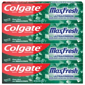 Colgate Max Fresh Whitening Toothpaste with Mini Strips, Clean Mint Toothpaste for Bad Breath, Helps Fight Cavities, Whitens Teeth, and Freshens Breath, 6.3 Ounce (Pack of 4)